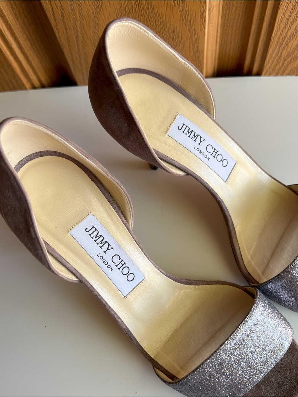 Jimmy Choo Glitter Suede D'Orsay Heels Gray Silver Sandals EU 37 - Picture 3 of 7